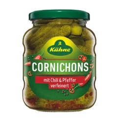 Kuehne Hot Cornichons Mit Chili & Pfeffer In Jar, 330 G