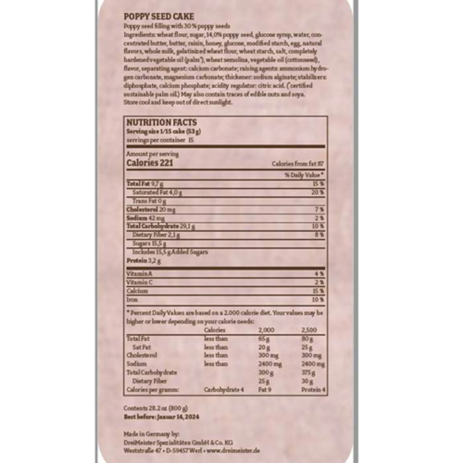 Dreimeister Poppy Seed Cake, Silesian Style, Ready-To-Eat, 1.8 Lbs. 4 Dreimeister Poppy Seed Cake, Silesian Style, Ready-To-Eat, 1.8 Lbs. - Image 2